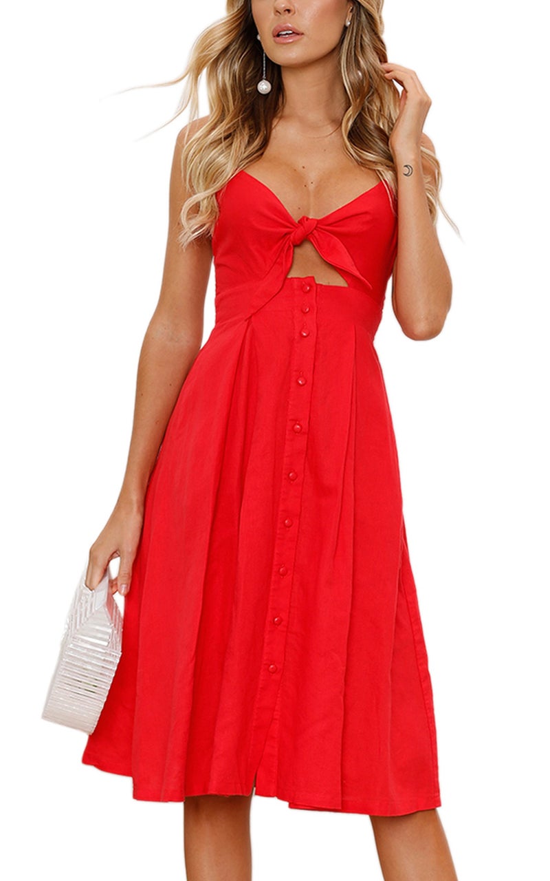 ECOWISH Women 2024 Summer Dresses Tie Front V-Neck Spaghetti Strap Button Down A-Line Backless Swing Midi Dress 572 Red L - Image 1